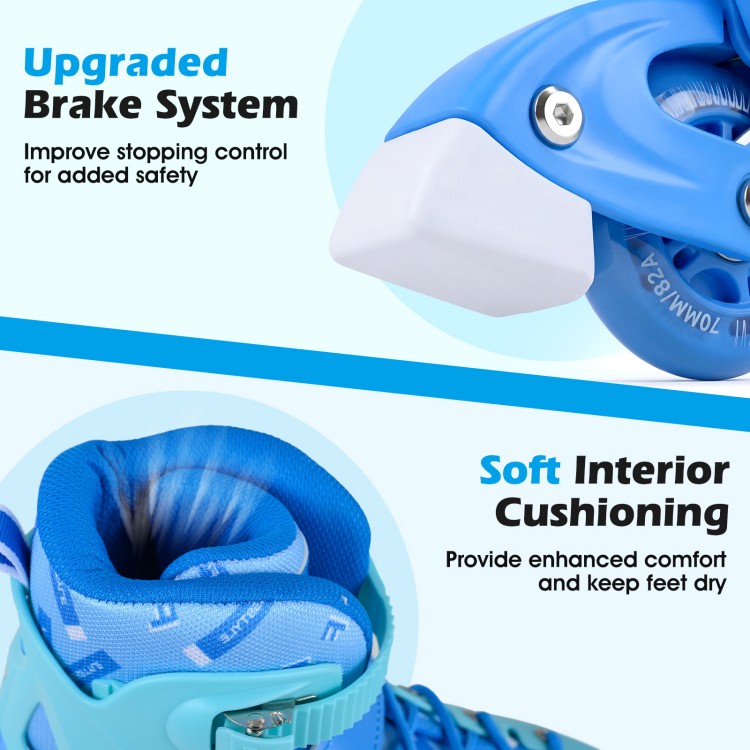 Close-up of the upgraded brake system on blue adjustable inline skates for kids, enhancing safety and control.