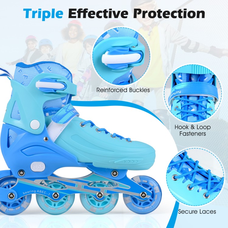 Adjustable blue inline skates for kids with LED wheels, reinforced buckles, and secure laces for safe skating.