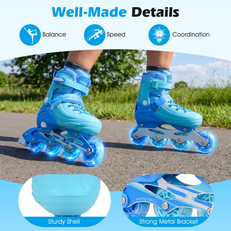 Light-up kids inline skates in blue with adjustable size, sturdy shell, and strong metal bracket for balance and.