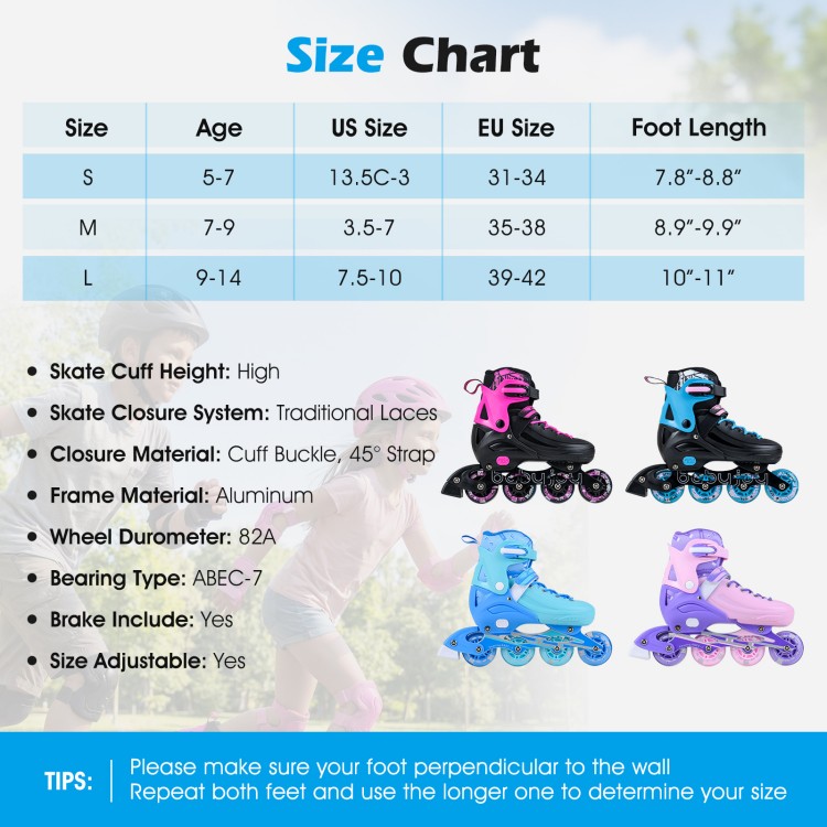 Adjustable blue inline skates for kids ages 9-14 with light-up wheels, featuring a secure closure system and breathable.