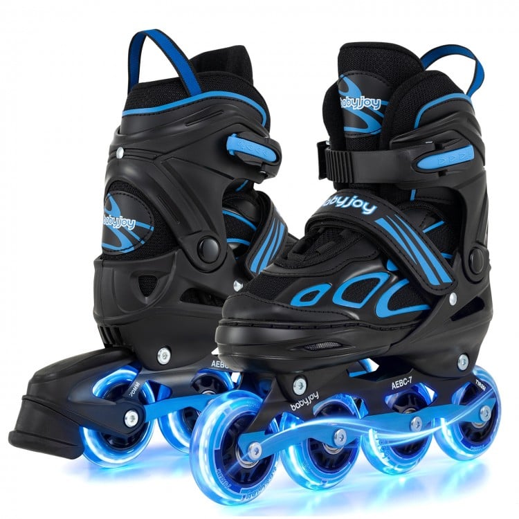 Adjustable youth roller skates in blue with light-up wheels, featuring safety straps and durable PU wheels for smooth.