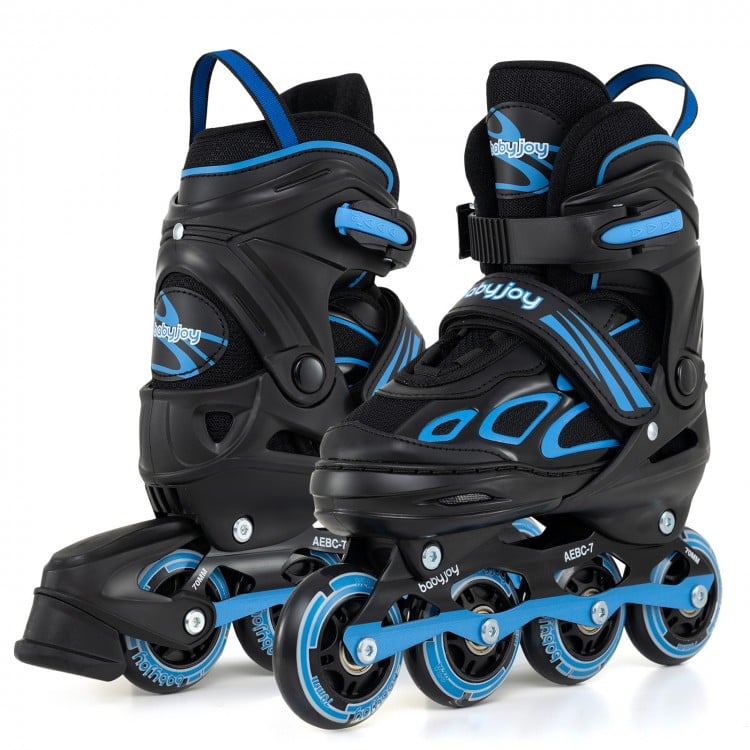 Adjustable youth roller skates in blue with light-up wheels, featuring durable PU wheels and triple safety protection.