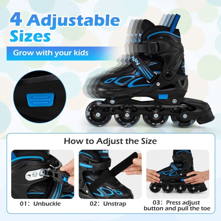 Adjustable blue roller skates for youth with light-up wheels, featuring a secure strap and breathable material for.