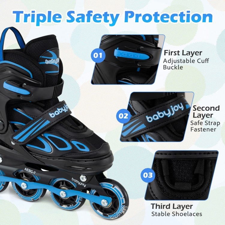 Adjustable roller skates in blue featuring light-up wheels and triple safety protection for youth skating.