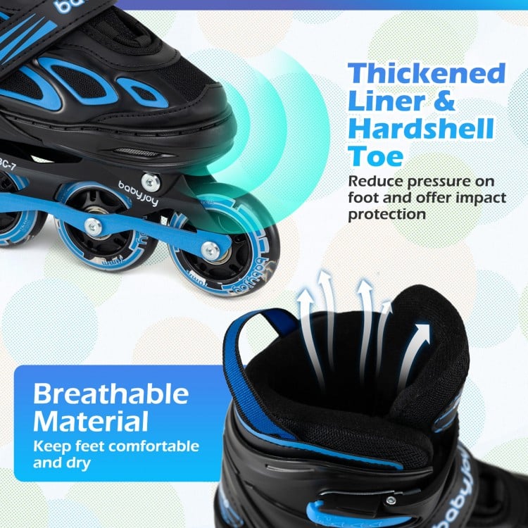 Adjustable blue roller skates with light-up wheels, featuring thickened liner, hardshell toe, and breathable material.