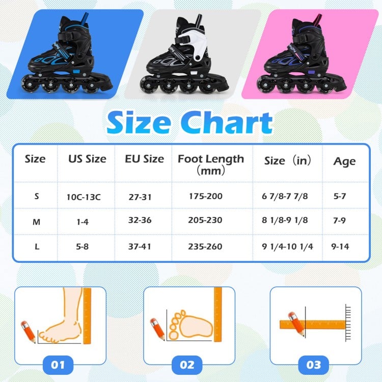 Size chart for adjustable blue roller skates with light-up wheels, suitable for youth ages 5-7, showing foot lengths.