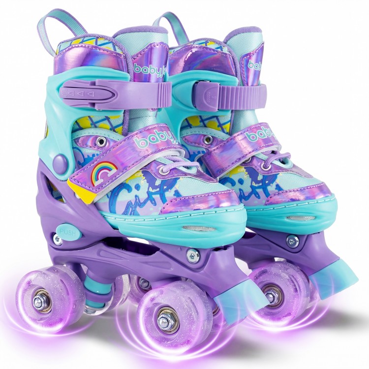 Adjustable kids roller skates in purple with light-up wheels, featuring colorful graffiti and triple safety protection.