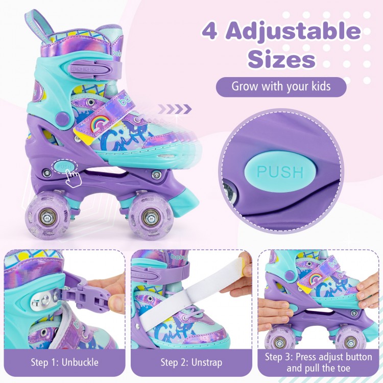 Kids roller skates in purple with adjustable sizes, light-up wheels, and safety features for fun and secure skating.