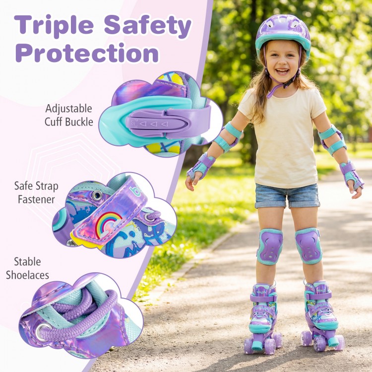 Kids roller skates in purple with light-up wheels, featuring adjustable cuff buckle and triple safety protection.