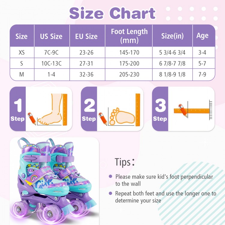 Adjustable kids roller skates in purple with light-up wheels, featuring safety straps and breathable liner for comfort.