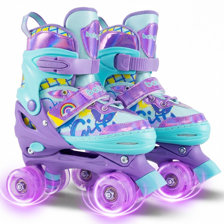 Adjustable kids roller skates in purple with light-up wheels, featuring colorful graffiti and triple safety protection.