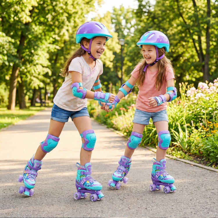 Two girls roller skating in a park wearing adjustable purple roller skates with light-up wheels and safety gear.