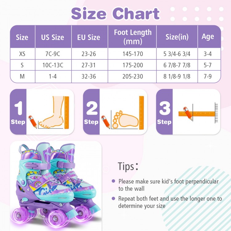 Dimension chart for adjustable kids roller skates in purple, showing size options and fitting tips for optimal use.