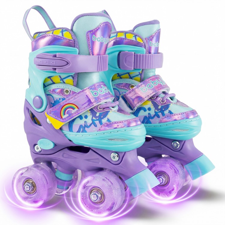 Kids roller skates in purple with light-up wheels, adjustable sizes, and colorful graffiti design for fun and safety.