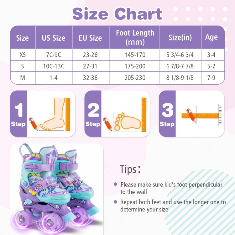 Adjustable purple kids roller skates with light-up wheels, featuring safety protection and breathable liner for comfort.