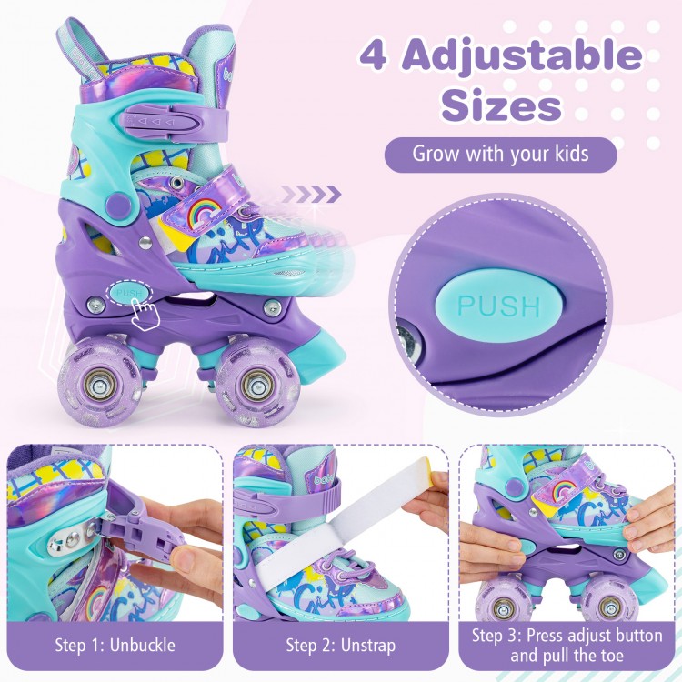 Kids roller skates in purple with adjustable sizes, light-up wheels, and safety features for fun and secure skating.
