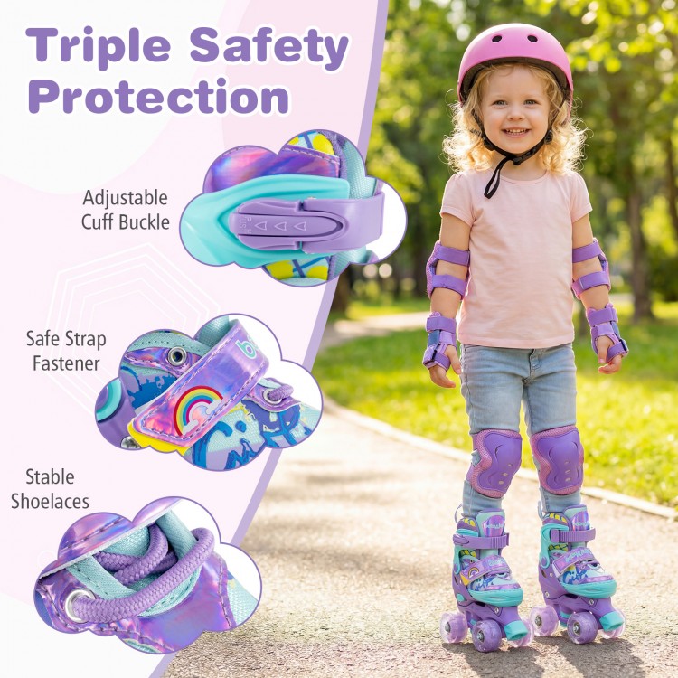 Kids roller skates in purple with adjustable sizes, light-up wheels, and triple safety protection for fun and secure.