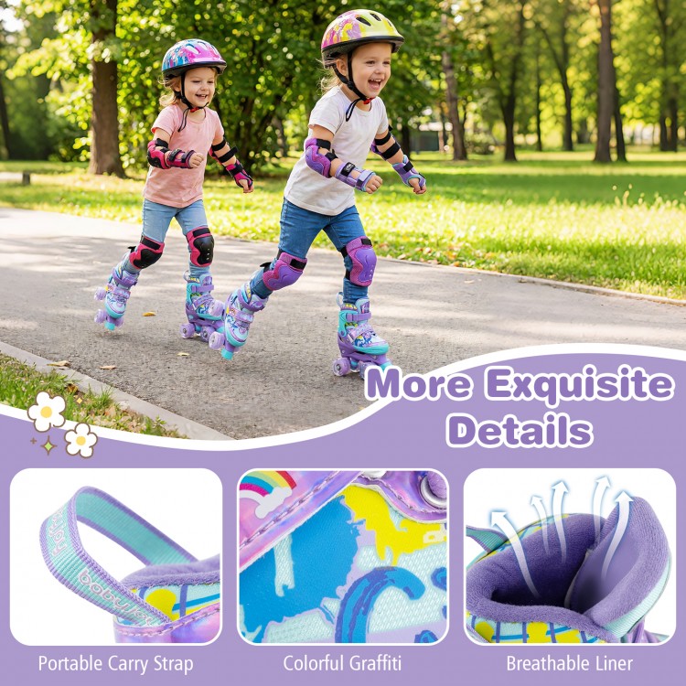 Kids roller skates in purple with light-up wheels, adjustable sizes, and colorful graffiti for fun and safety.