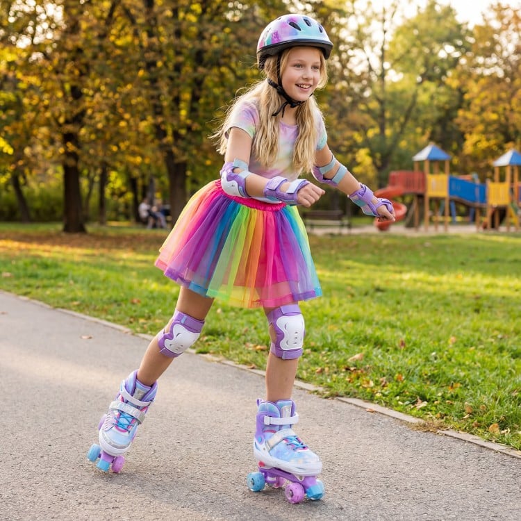 Adjustable kids roller skates in blue with light-up wheels, perfect for outdoor fun and beginner skaters.