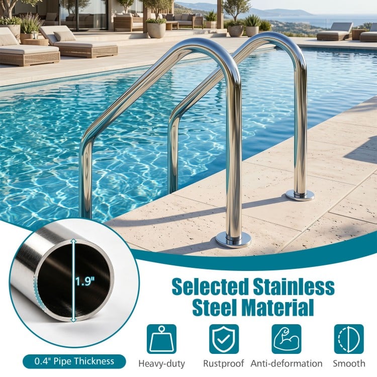 4-step stainless steel pool ladder with curved handrails and anti-skid steps for safe access to in-ground pools.