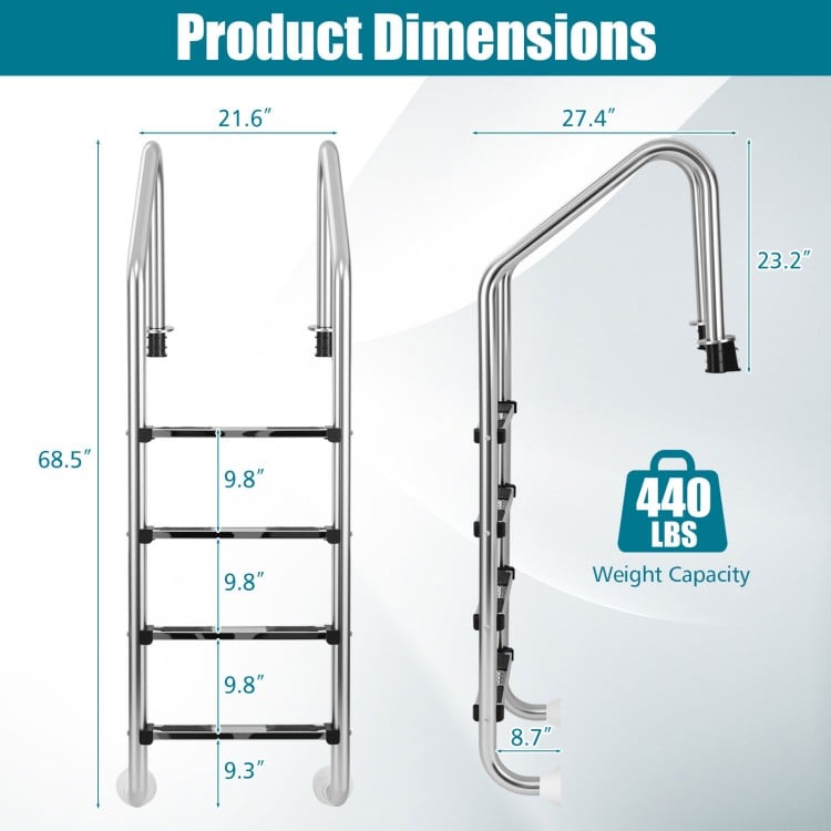 4-step stainless steel swimming pool ladder with anti-skid steps, curved handrails, and dimensions for in-ground pools.