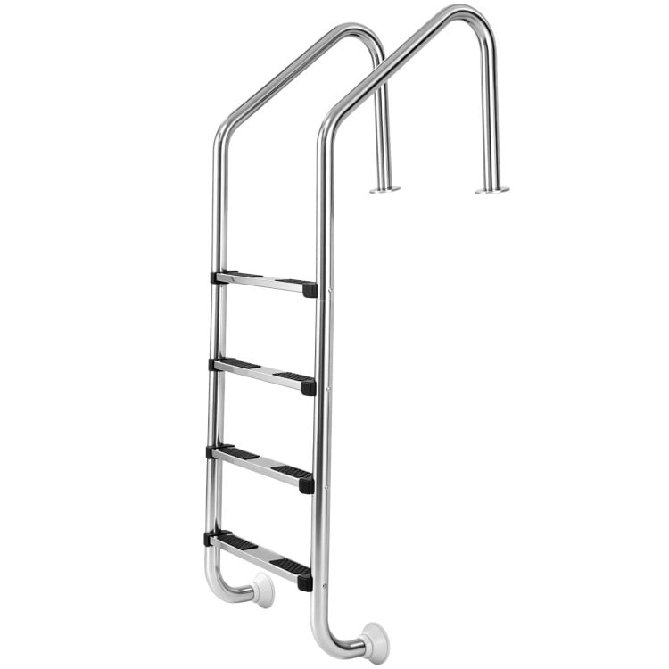 4-step stainless steel pool ladder with anti-skid steps and curved handrails for safety in in-ground pools.