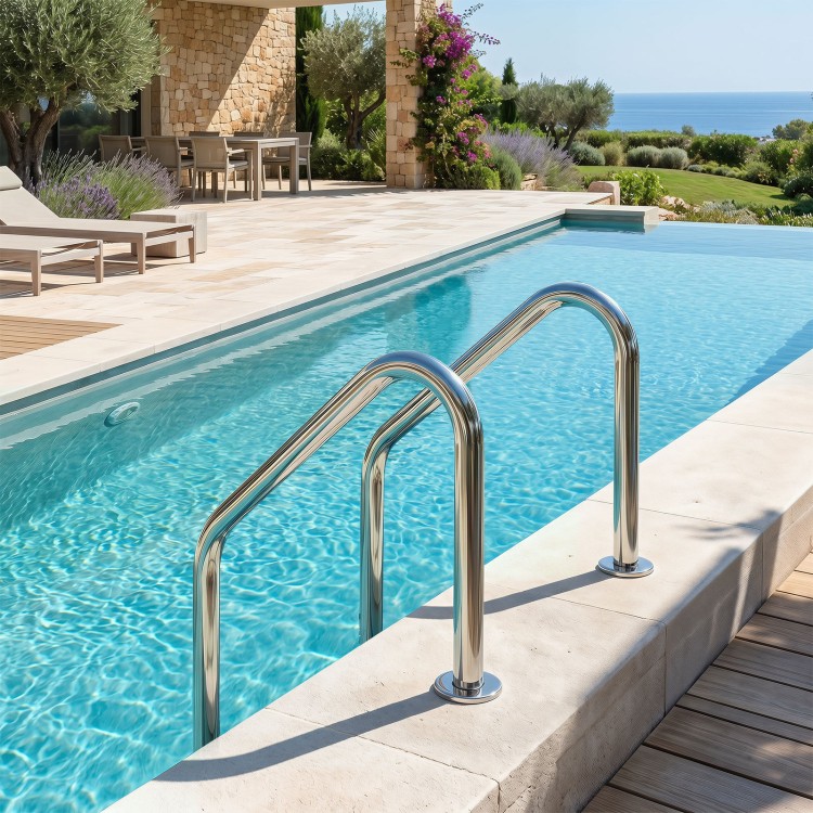 Stainless steel 4-step inground pool ladder with curved handrails and anti-skid steps for safety and stability.