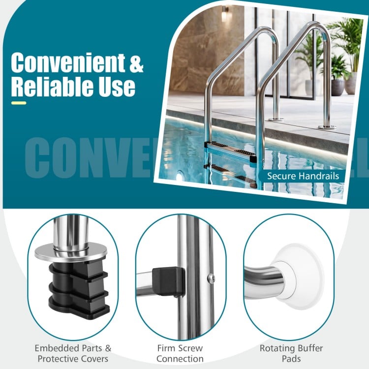 4-step stainless steel pool ladder features secure handrails, anti-skid steps, and rotatable buffer pads for stability.