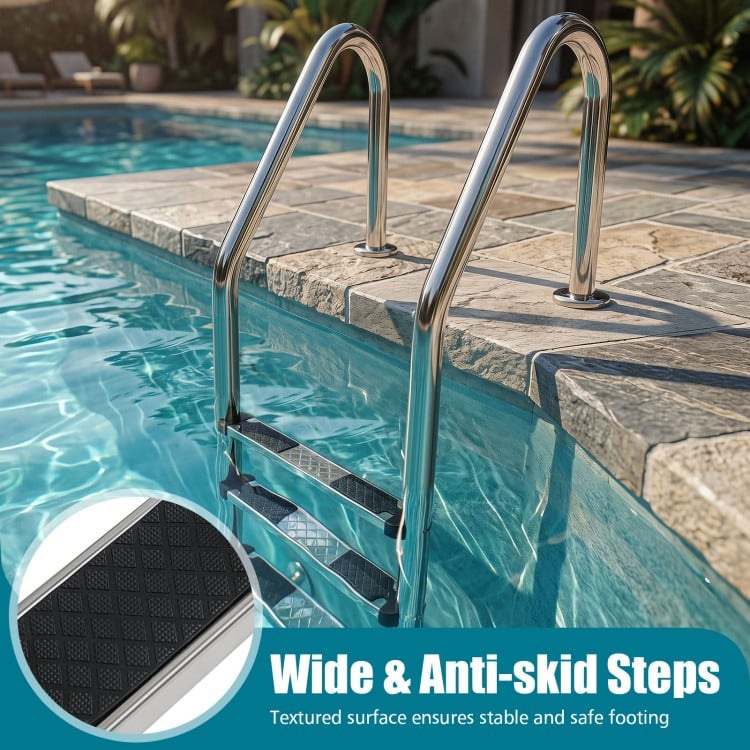 4-step inground pool ladder with stainless steel construction and wide anti-skid steps for safe entry and exit.
