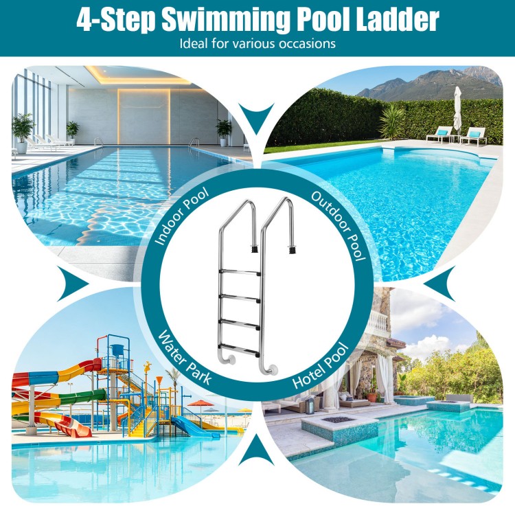 4-step stainless steel swimming pool ladder with anti-skid steps, ideal for indoor and outdoor in-ground pools.