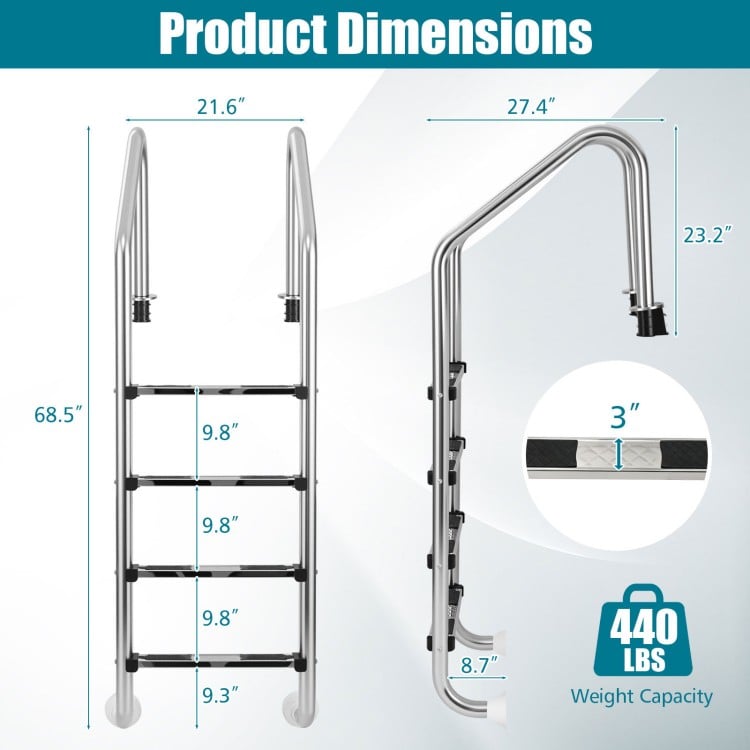 4-step inground pool ladder made of stainless steel features anti-skid steps and curved handrails for safety and stability.