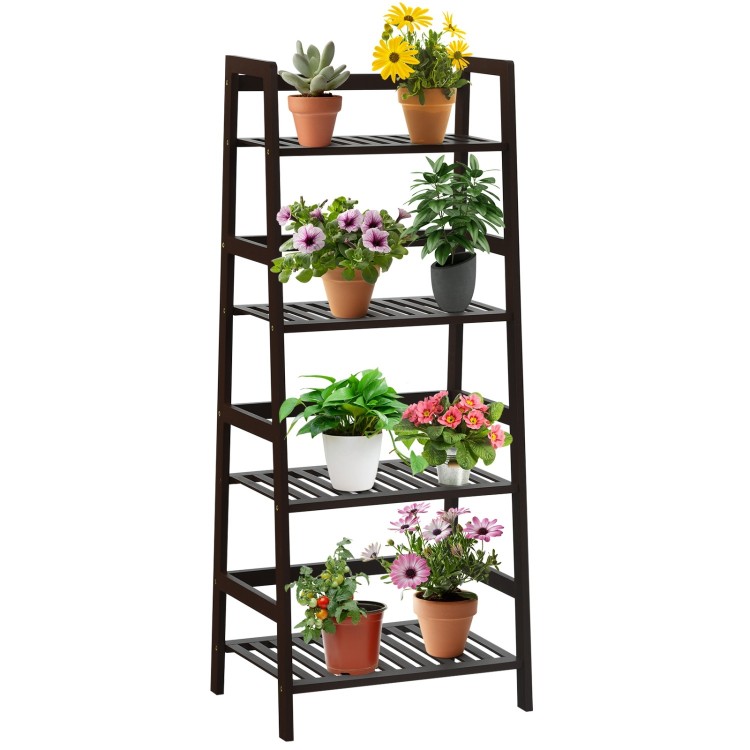 4-tier brown bamboo plant rack with guardrails, showcasing potted plants, ideal for organizing in living rooms or.