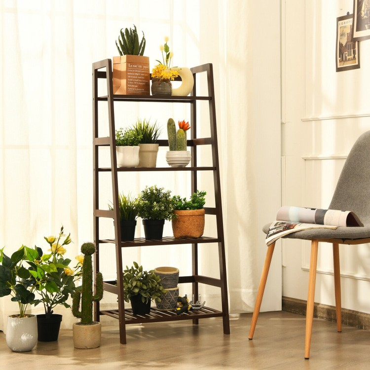 4-tier brown bamboo plant rack with guardrails, ideal for organizing items in living room, kitchen, or study.