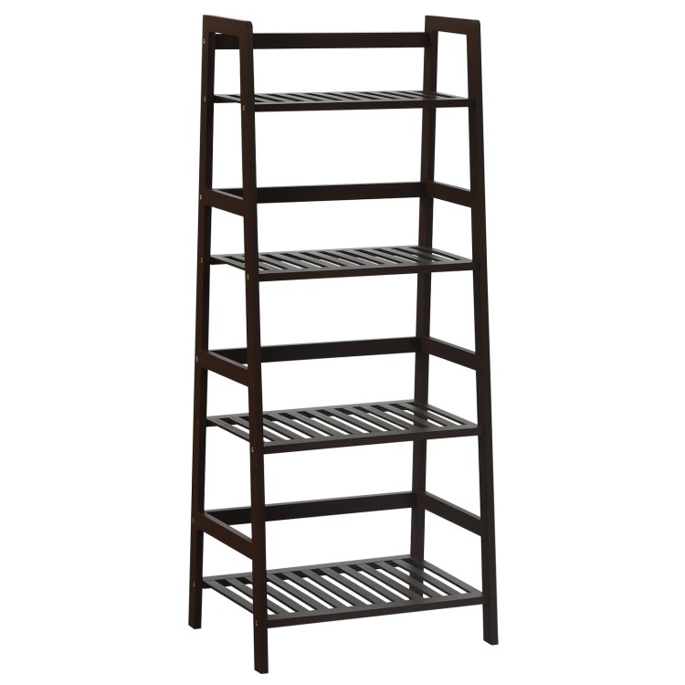 4-tier bamboo plant rack in brown with guardrails, stable design, ideal for organizing items in any room.