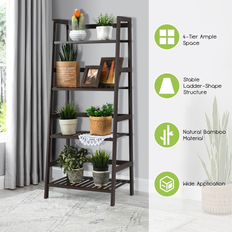 4-tier bamboo plant rack in brown with guardrails, stable design for organizing items in living room or kitchen.