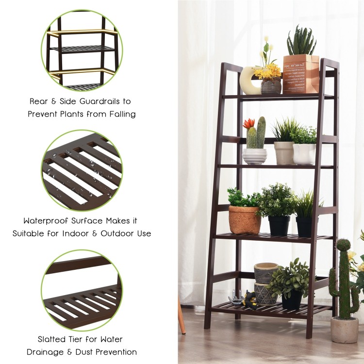 4-tier bamboo plant rack in brown with guardrails, perfect for organizing items in living room or kitchen.