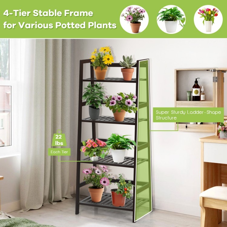 4-tier bamboo plant rack in brown with guardrails, perfect for organizing potted plants in any room.