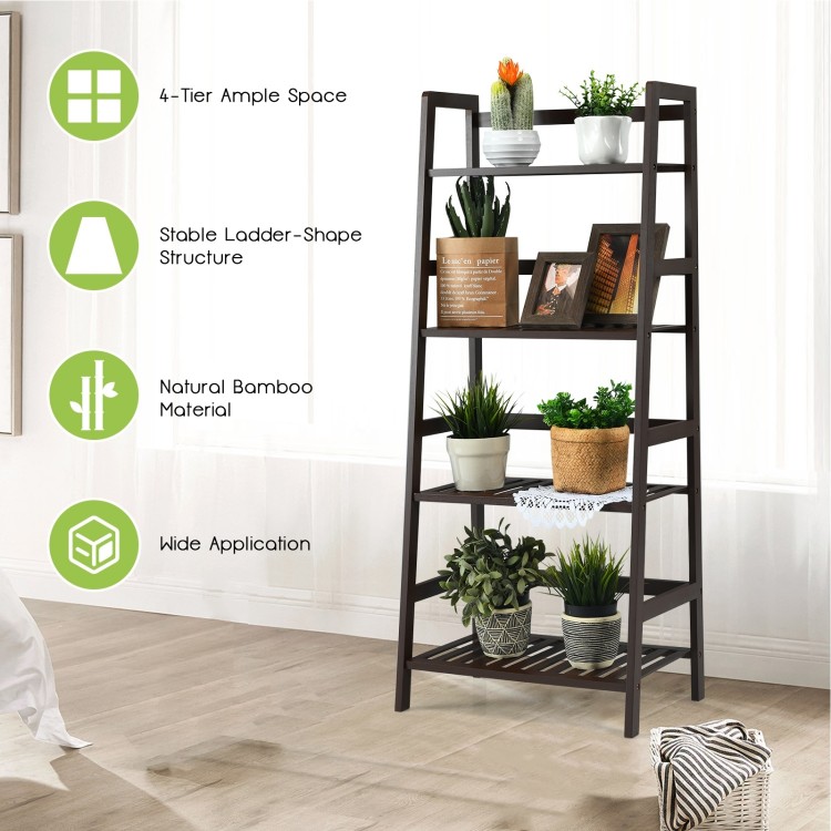 4-tier bamboo plant rack in brown with guardrails, stable design, ideal for organizing items in living room or kitchen.