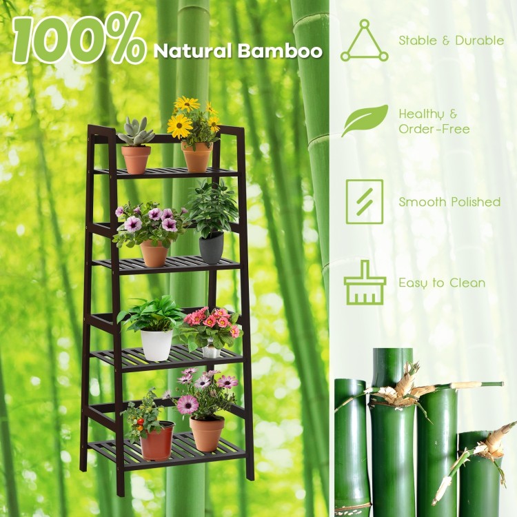 4-tier bamboo plant rack in brown with guardrails, stable design, perfect for organizing items in any room.
