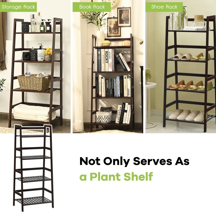 4-tier bamboo plant rack in brown with guardrails, ideal for organizing items in living room, kitchen, or study.