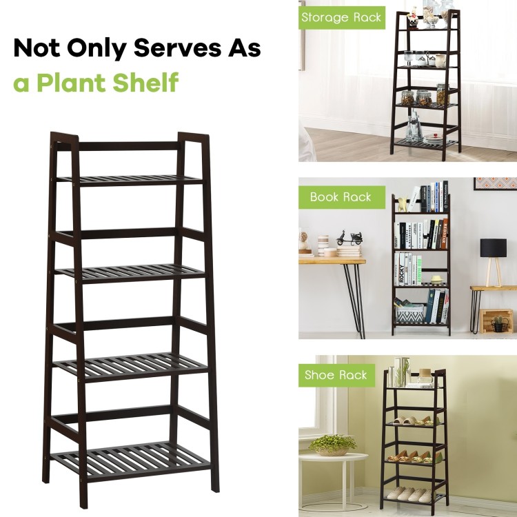 4-tier bamboo plant rack in brown with guardrails, ideal for organizing items in living room or kitchen.