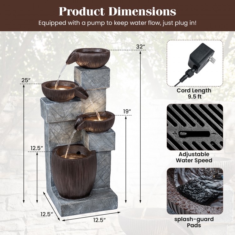 4-tier cascading bowl outdoor water fountain with LED lights, gray stone design, for creating a calming ambiance.