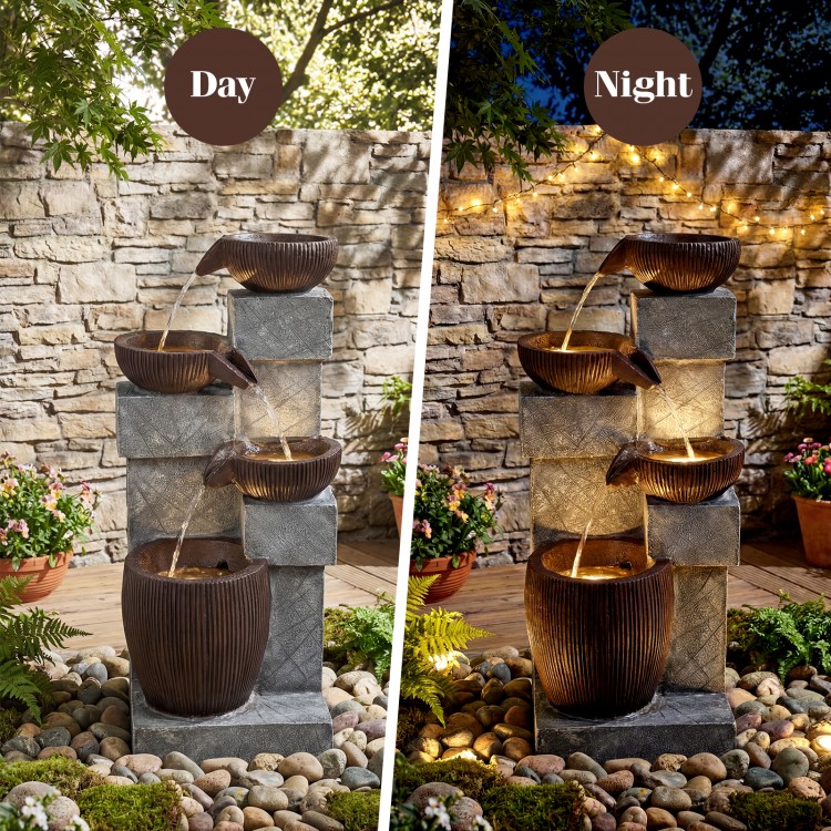 4-tier cascading bowl outdoor water fountain with LED lights, showcasing a tranquil water flow for peaceful ambiance.