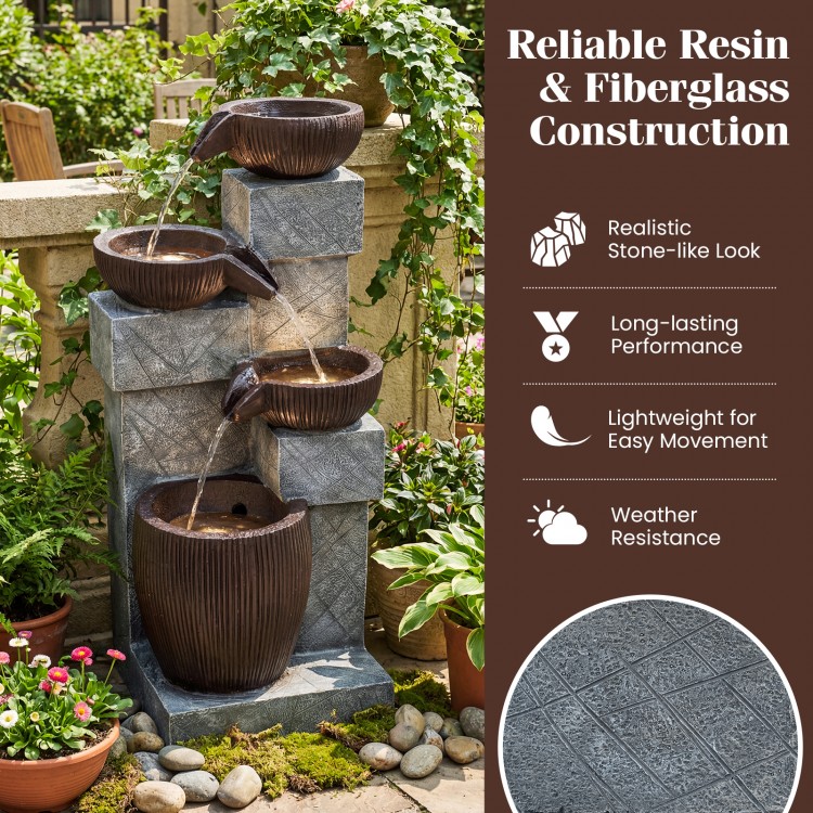 4-tier cascading bowl outdoor water fountain in gray stone and rustic brown, featuring LED lights for a calming.