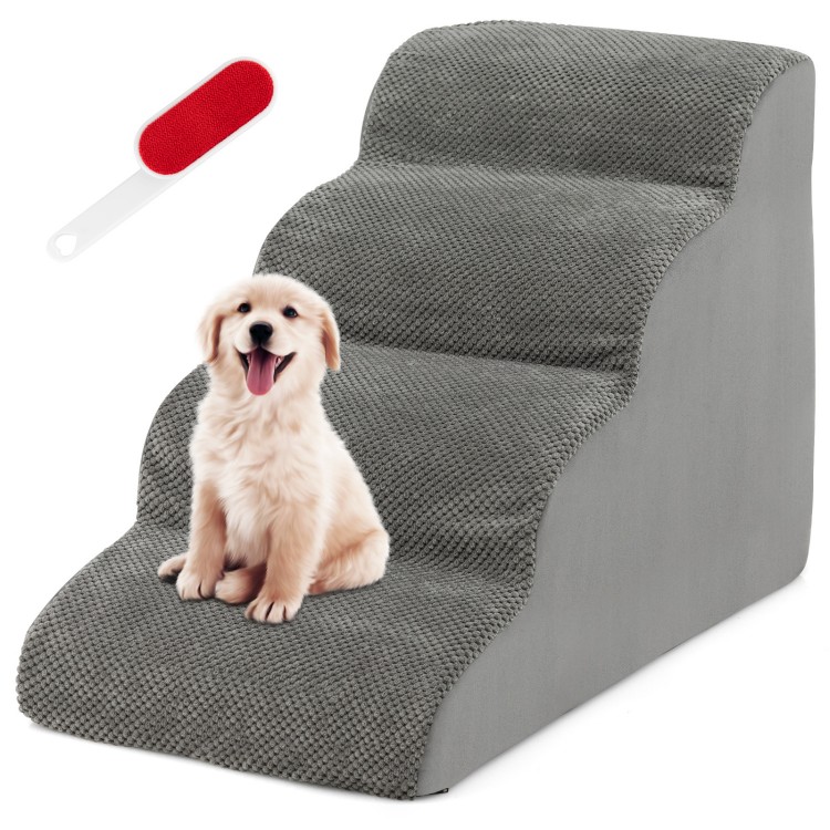 Gray 4-tier foam dog steps with non-slip surface, ideal for pets to access beds and sofas easily.