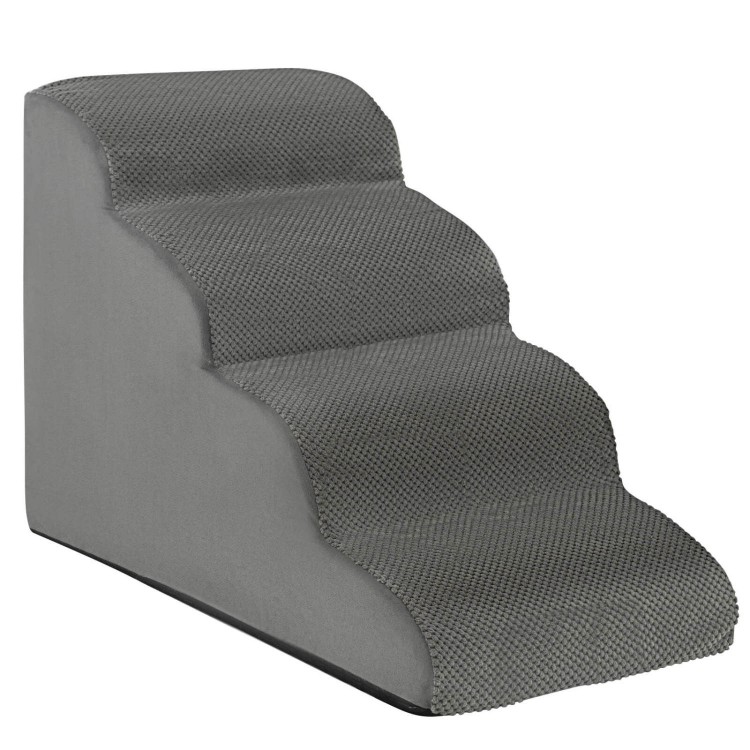 Gray 4-tier foam dog steps with non-slip surface, ideal for pets with mobility issues to access furniture easily.