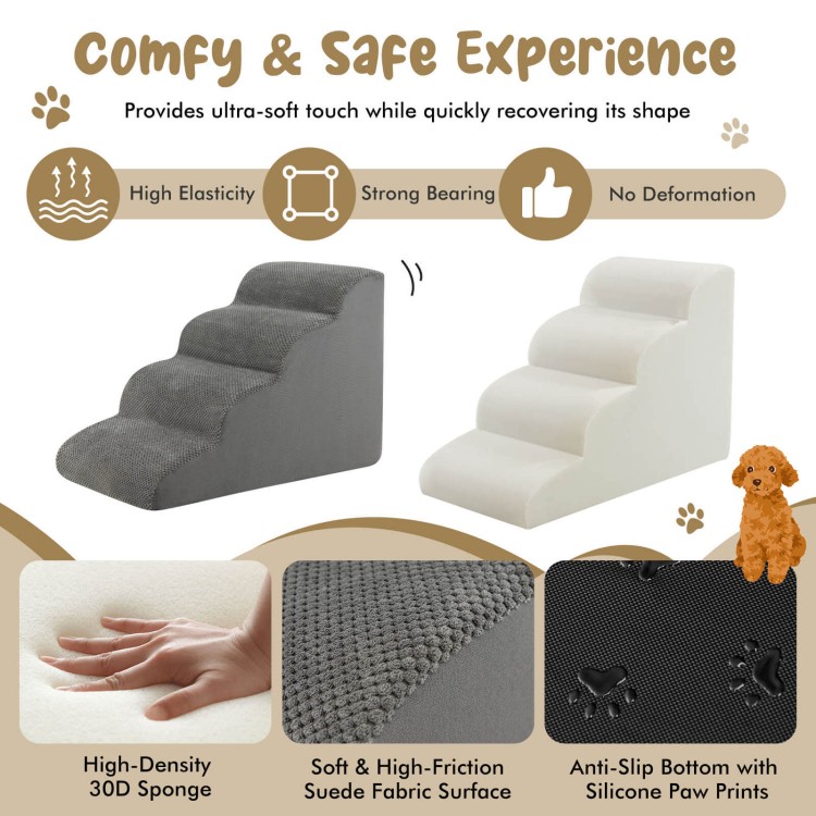4-tier gray foam dog steps with non-slip surface and silicone paw prints, ideal for pets with mobility issues.