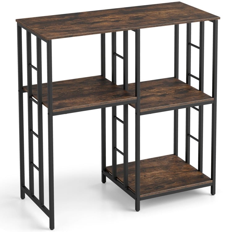 Rustic brown kitchen baker's rack with 4 tiers, designed for appliances and storage in dining rooms or offices.