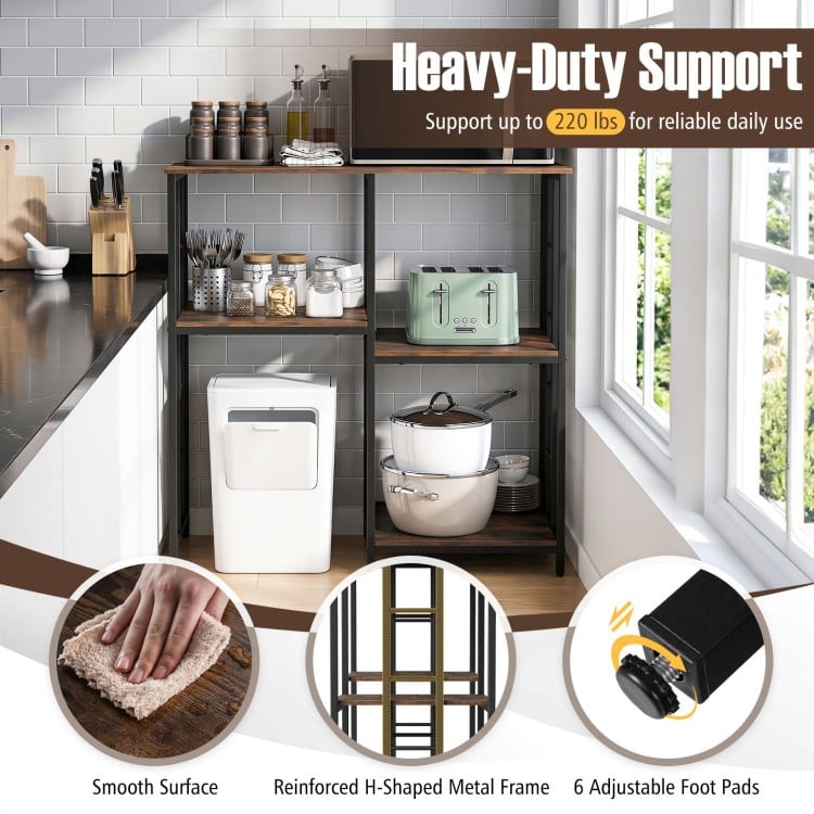 Kitchen baker's rack with 4 tiers, rustic brown finish, and heavy-duty metal frame, ideal for kitchen appliances and decor.