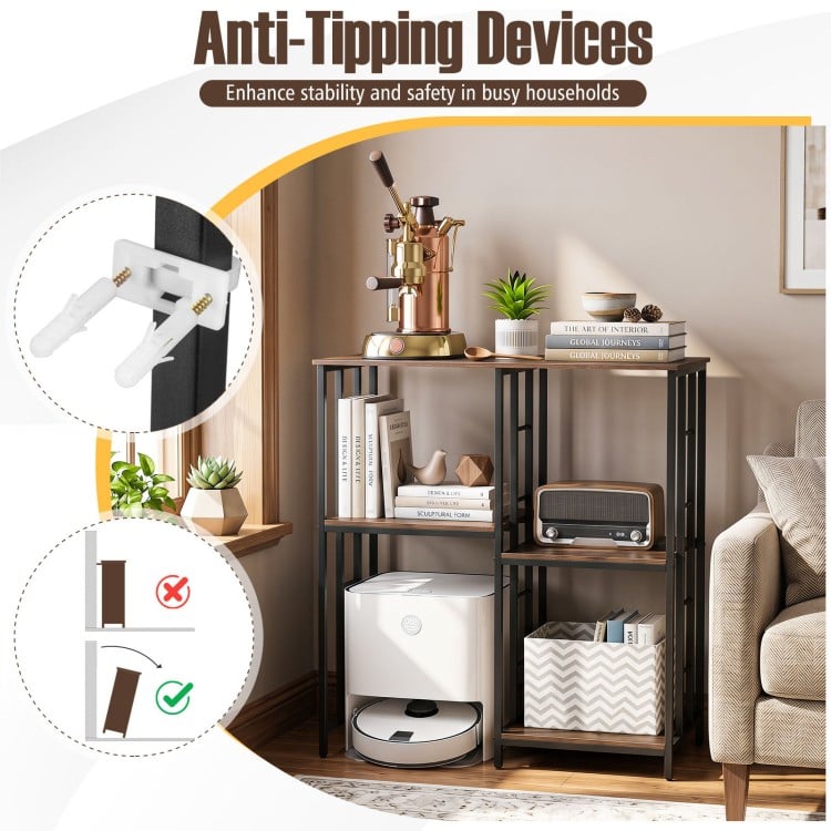 Rustic brown 4-tier kitchen baker's rack with anti-tipping devices, ideal for coffee stations and robot vacuum storage.